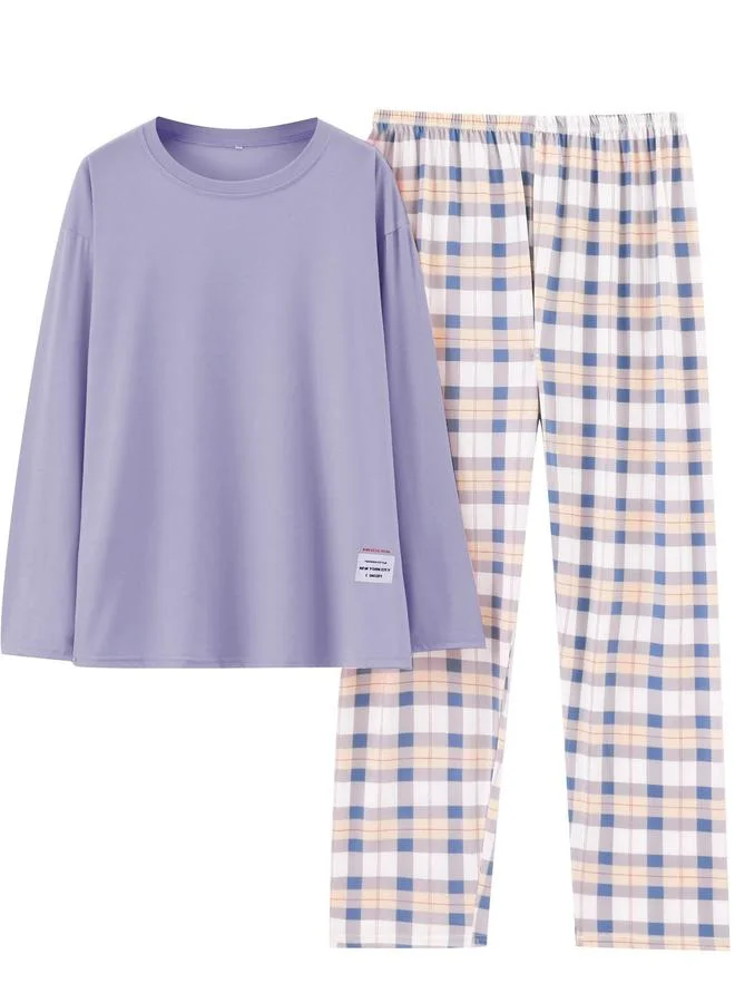 Take Two purple Plus Size Purple Long Sleeve Top and Checked Pyjama Set for Women | Best Price UAE